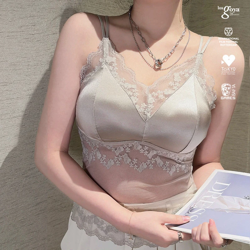 镂空网纱蕾丝无痕美背内衣自带胸垫大码修身显瘦夏季薄款吊带背心