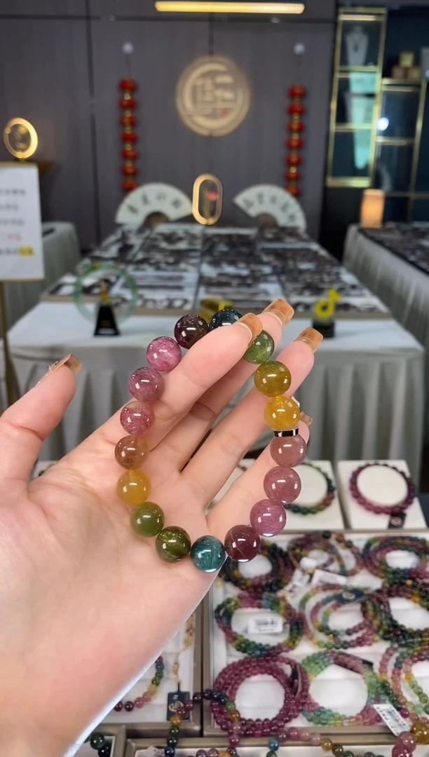 未镶嵌老矿碧玺色标彩虹单圈手串12mm+碧玺dan多样性发货一条