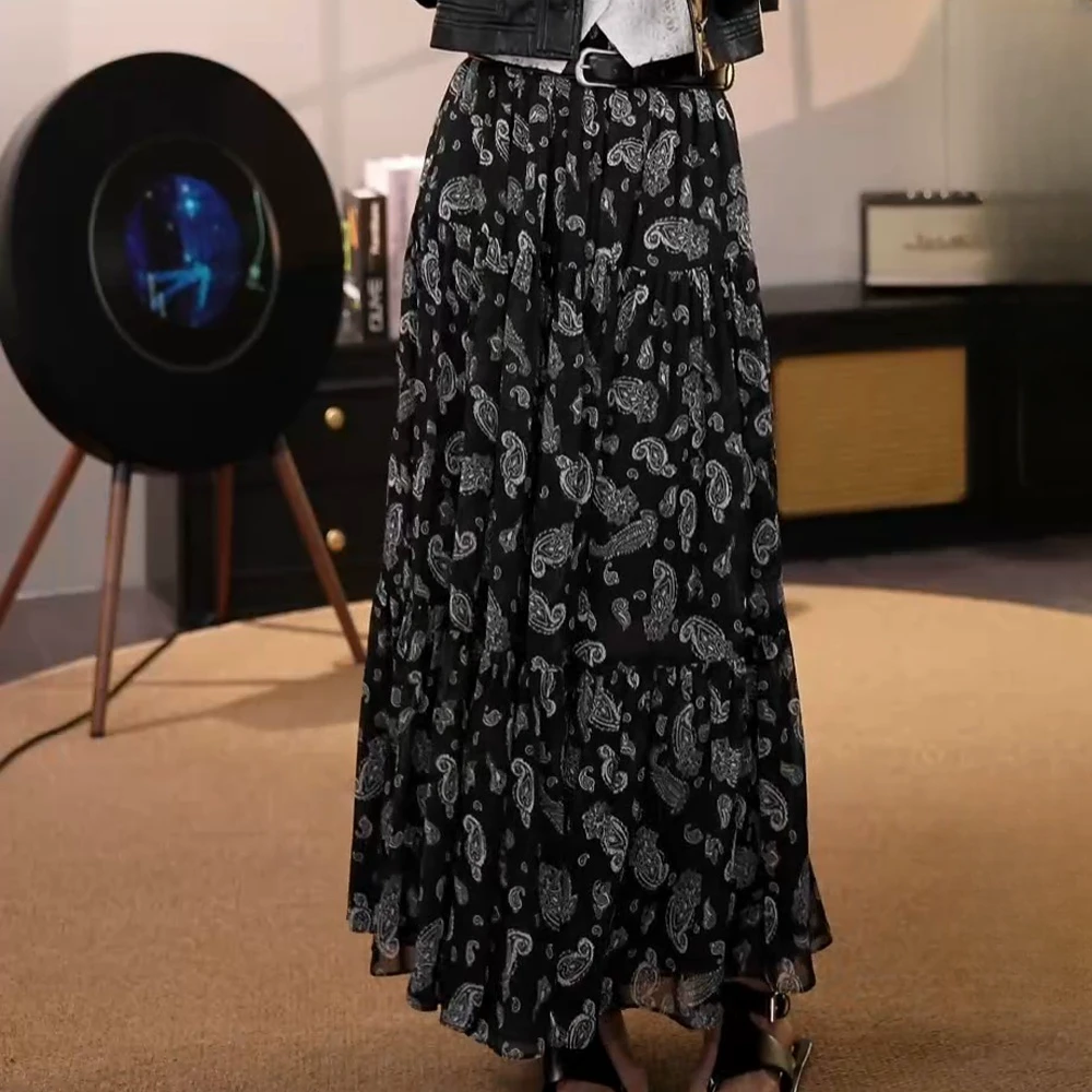 法式女装佩斯里花纹雪纺设计碎花半身百褶裙女裙子2025春夏