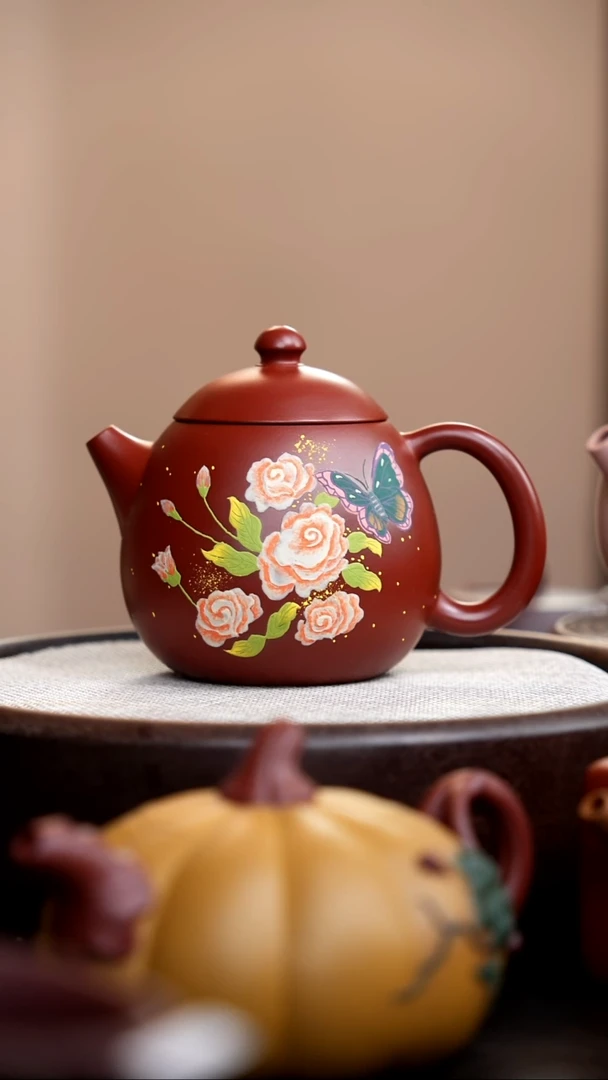 茶壶紫砂朱泥龙蛋泥绘蝴蝶蓝008