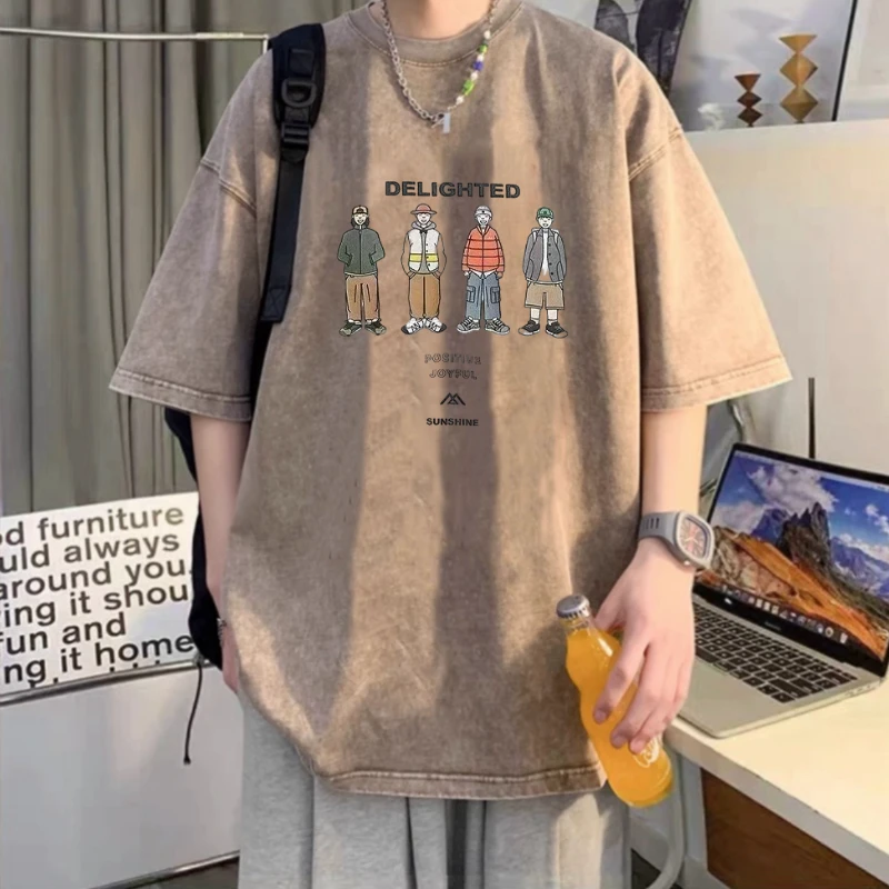 重磅水洗做旧短袖T恤男纯棉宽松夏季美式复古半袖体恤上衣服ins潮