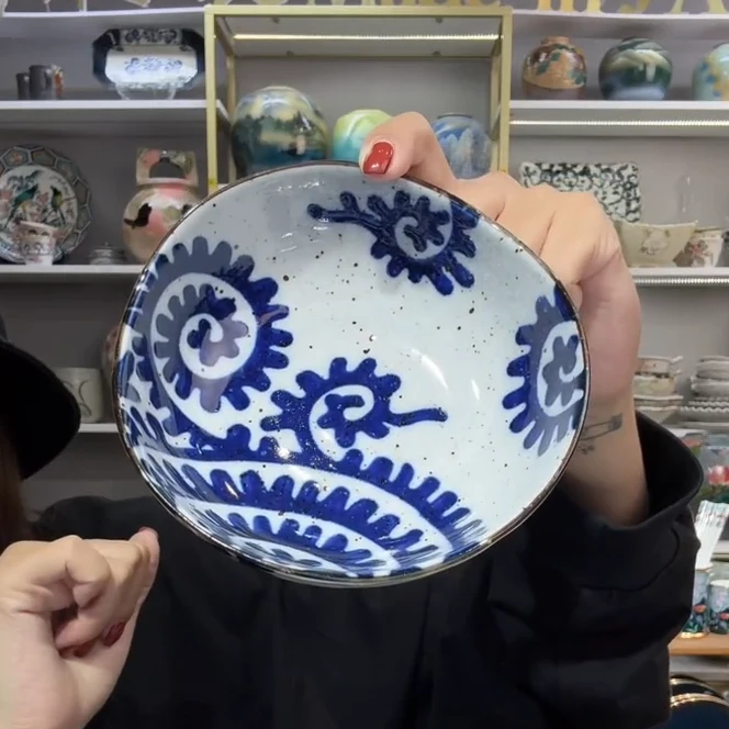 清货木【2支】日本进口美浓烧波轮唐草三角钵13.7cm