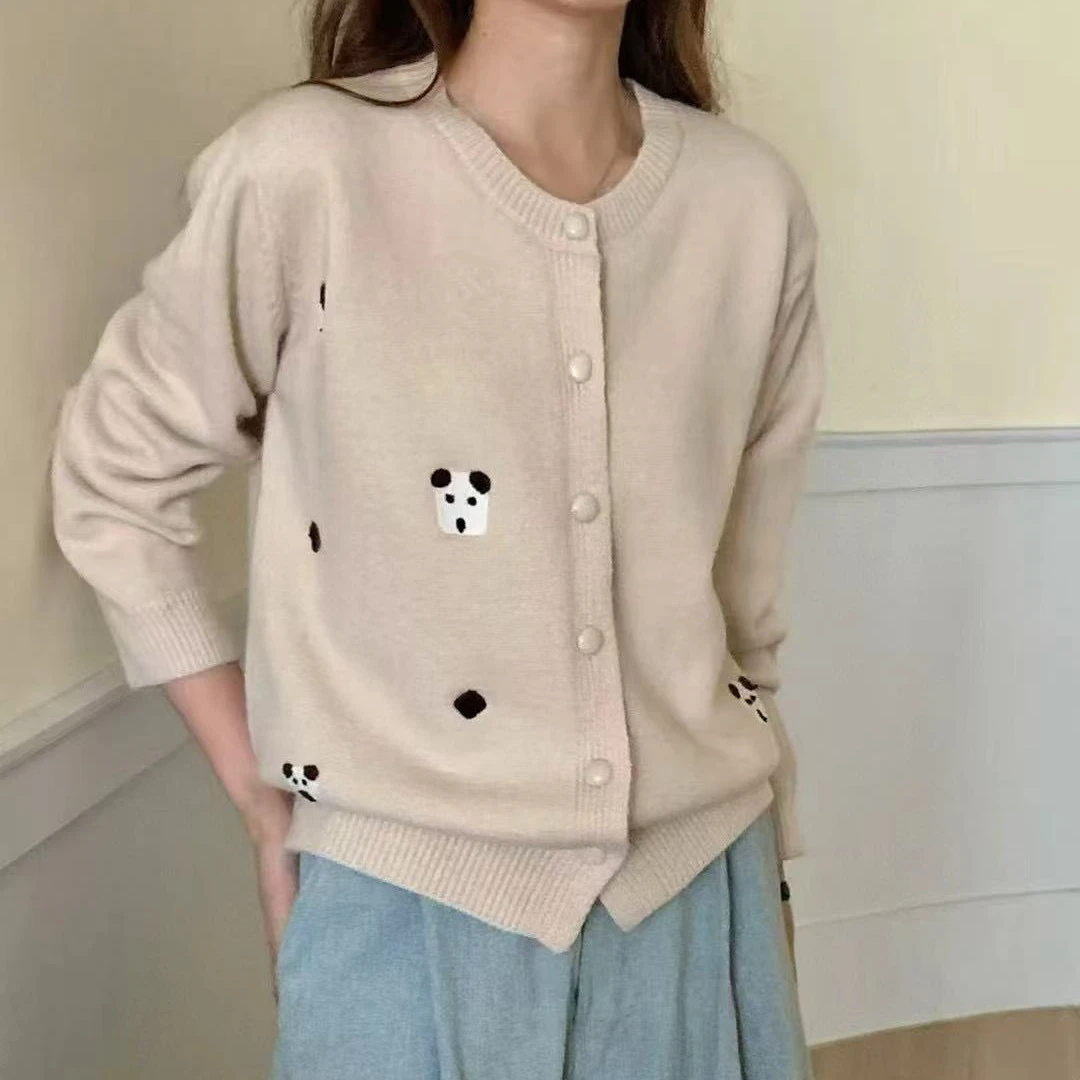 【张金】显瘦百搭气质春装纯色卡通刺绣羊毛上衣开衫