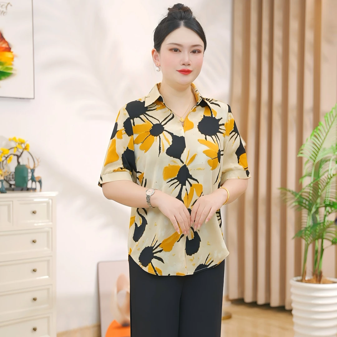 妈妈装夏季宽松型五分袖薄款印花不起球衬衫小衫上衣女装中老年