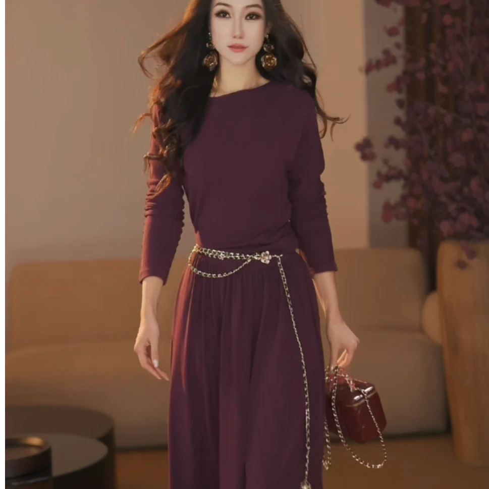 【袁小姐】魅惑紫 秋季上新时尚气质优雅小众修身针织连衣裙-HZ849