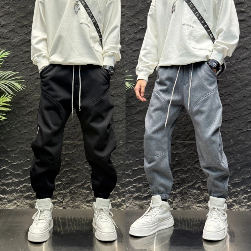 个性拼接抽绳束脚裤秋冬季直筒型加绒男款潮流宽松百搭舒适休闲裤