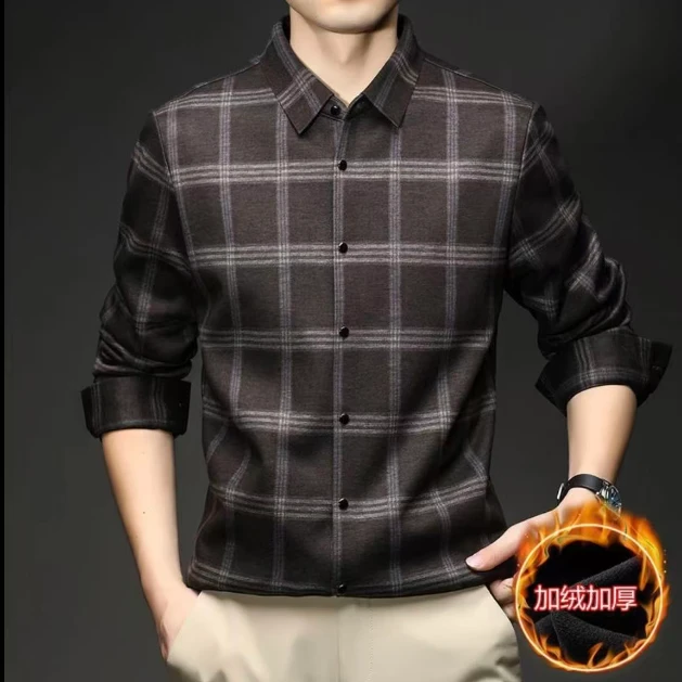 25761格子加绒加厚衬衫含桑蚕丝+山羊绒冬季中年高端商务长袖男士