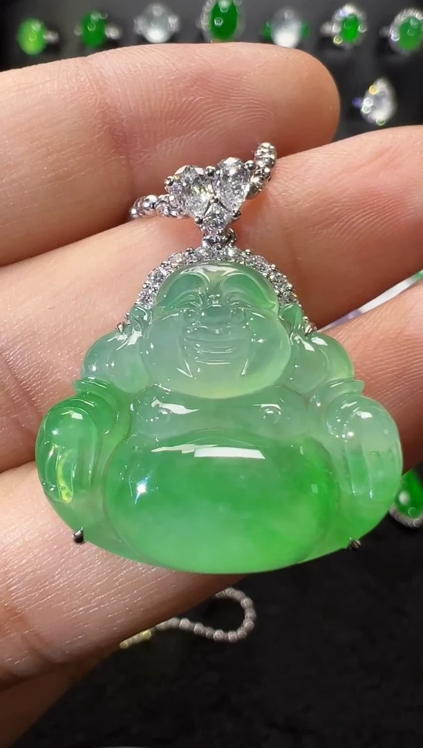 吊坠(不含链)18K金镶嵌翡翠高冰肚里藏金佛公吊坠