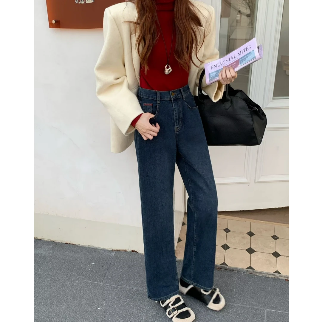 甜哈妮胖MM窄版阔腿牛仔裤女早春毛圈牛仔裤高腰宽松直筒裤长裤