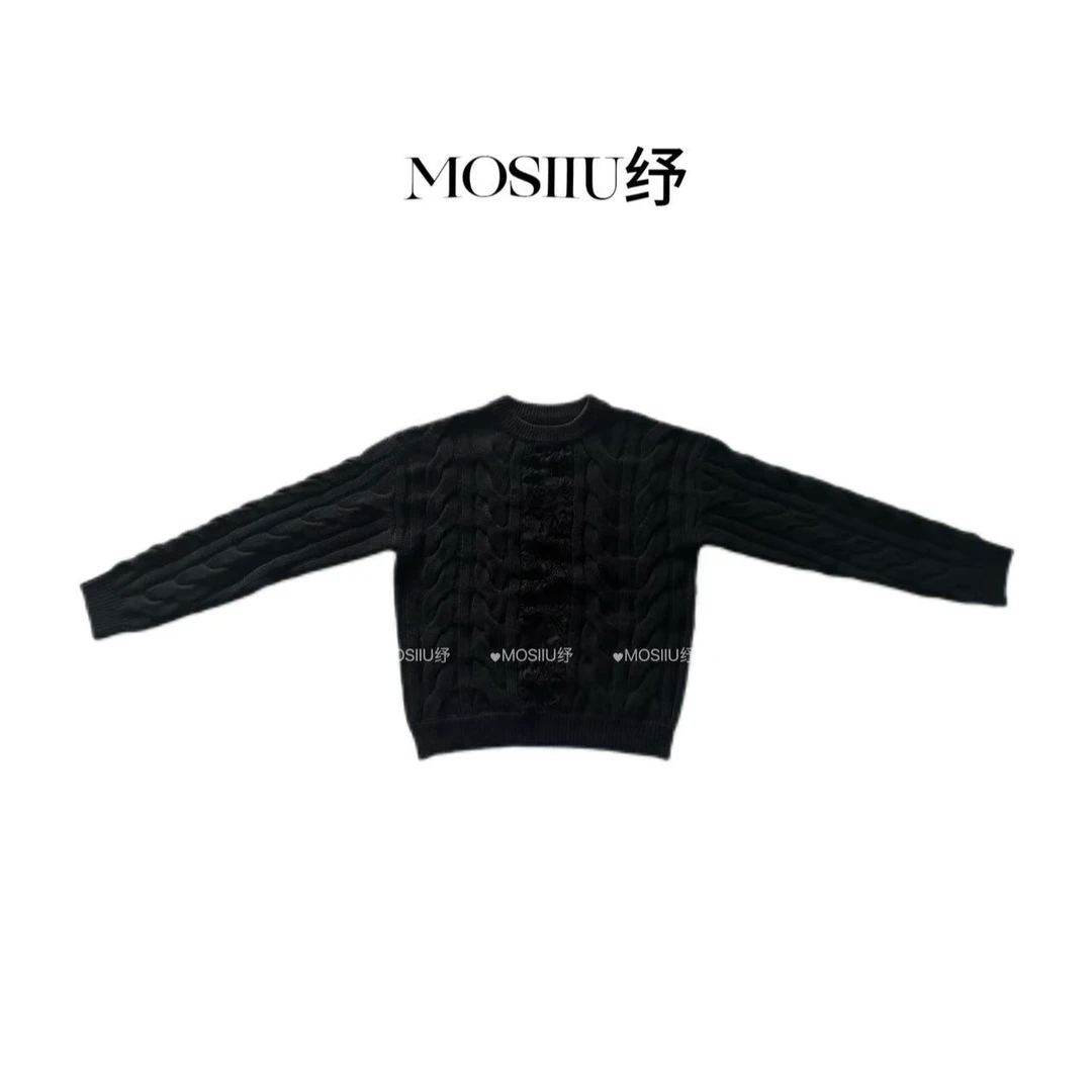 MOSIIU纾【奢雅典范】圆领黑色老钱风立体绞花针织衫25728