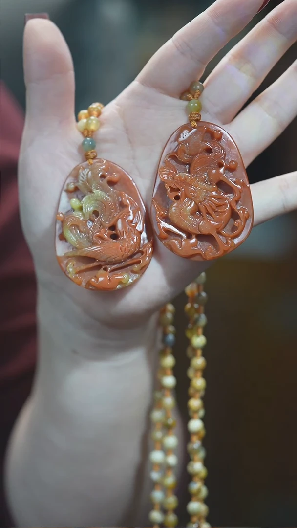 未镶嵌岫玉吊坠龙凤配