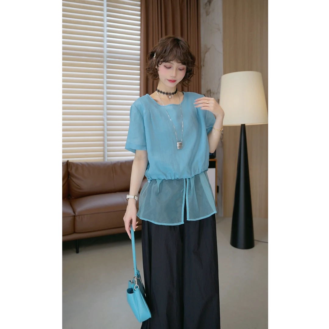 5.29【薇薇绮】时尚圆领苎麻天丝衬衫拼接下摆网纱上衣中长款 D718