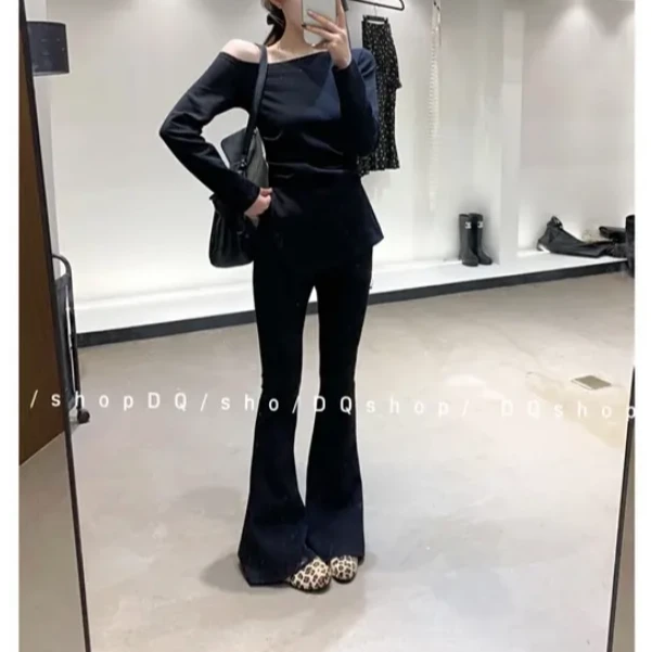 AL SHOP【松弛陷阱】韩系时尚显瘦拉肩上衣+微喇裤套装