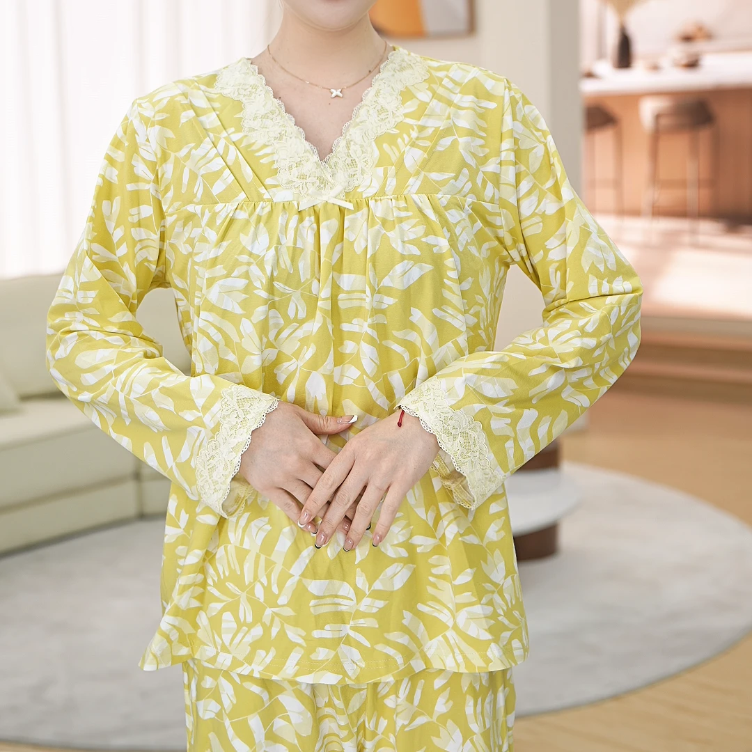 秋鹿针织玫瑰棉氨印花V领长袖长裤舒适女睡衣套夏季