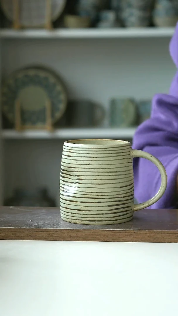 陶粗陶画釉螺纹马克杯450ml@4-2@