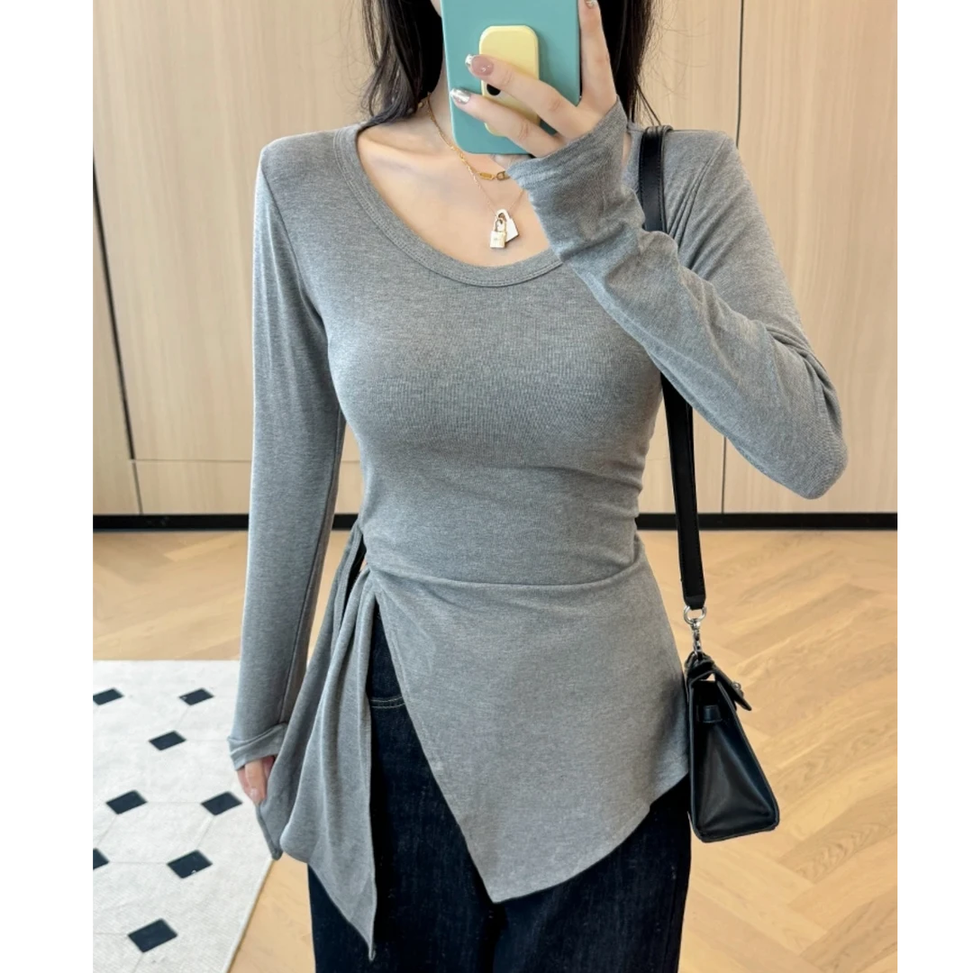 打底衫显瘦内搭长袖不规则修身设计感t恤打底衫显瘦内搭长袖修身