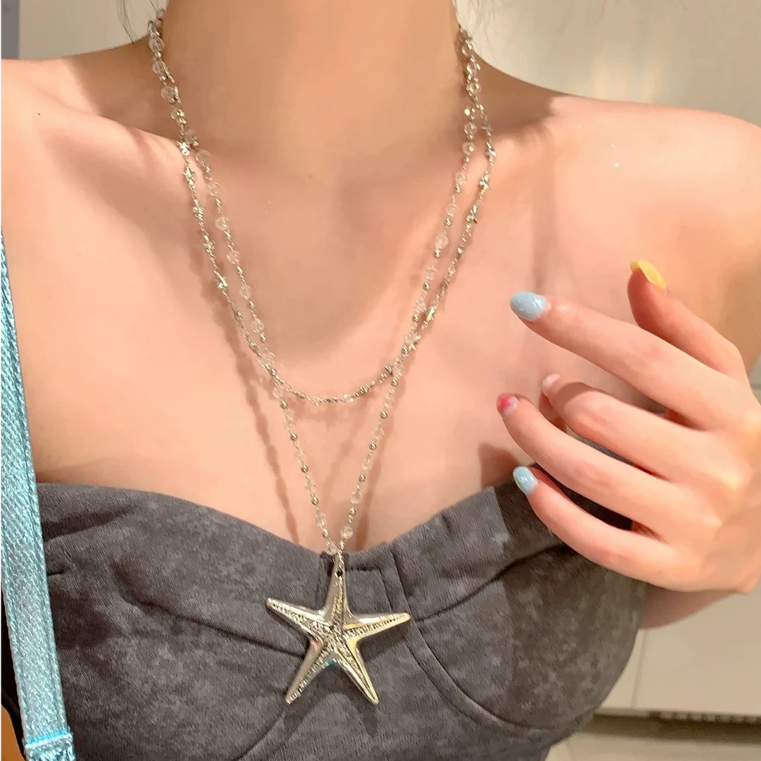 芒果饰品 合金项链 夏日度假风甜酷小众双层海星项链百搭锁骨链