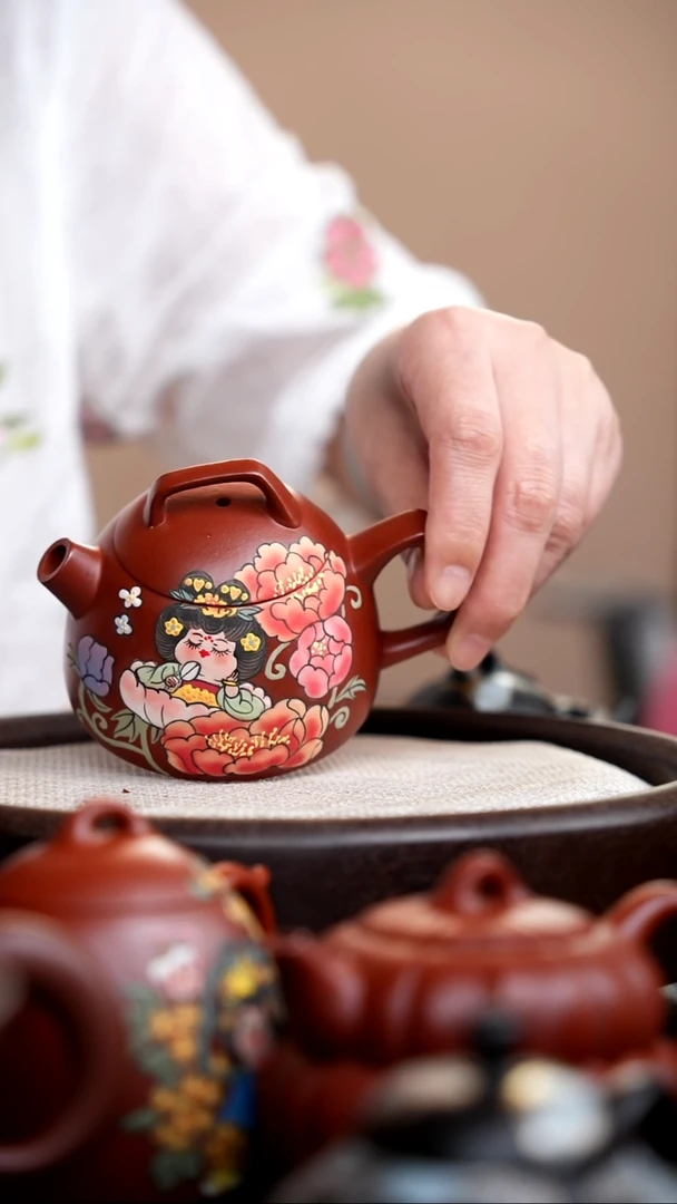 茶壶紫砂朱泥几何秦权泥绘唐美人牡丹
