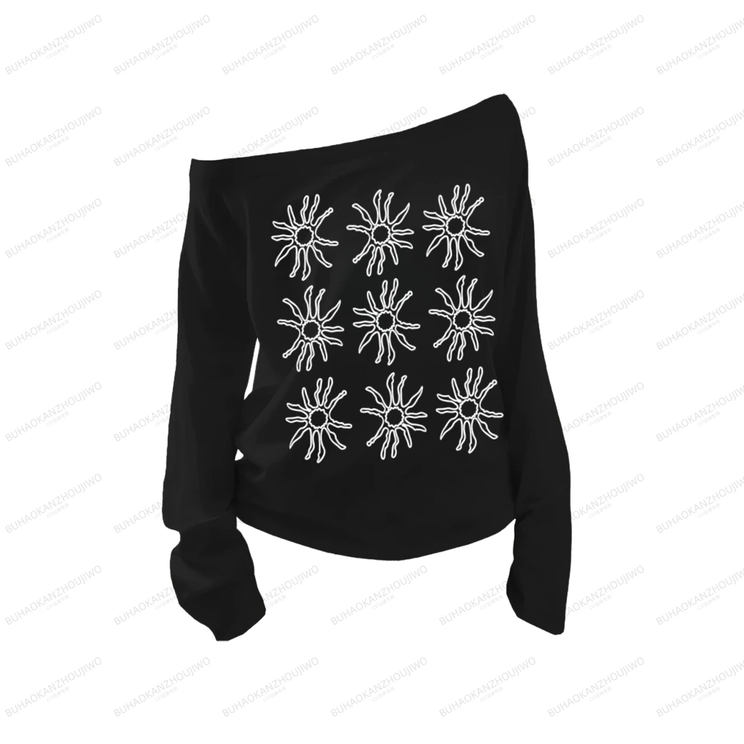 韩系太阳花印花斜肩露肩长袖T恤女松弛慵懒风宽松休闲一字肩上衣