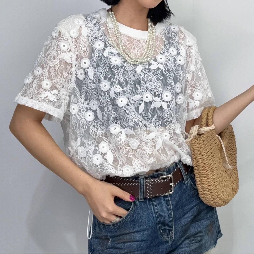 5074#2025夏时尚圆领蕾丝钩花短袖T恤甜美百搭圆领短款上衣