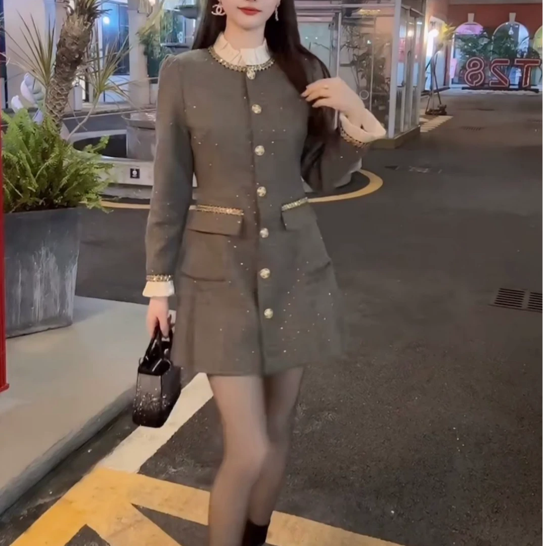 【晨浠定制】新款时尚金线香风夹棉连衣裙8051