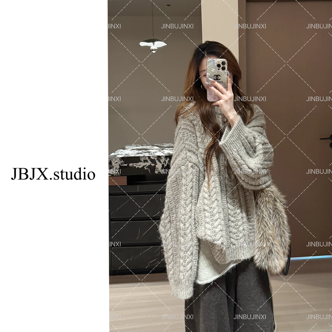 JBJX【可可燕麦 加厚慵懒感麻花毛衣】慵懒风圆领时尚宽松休闲秋冬