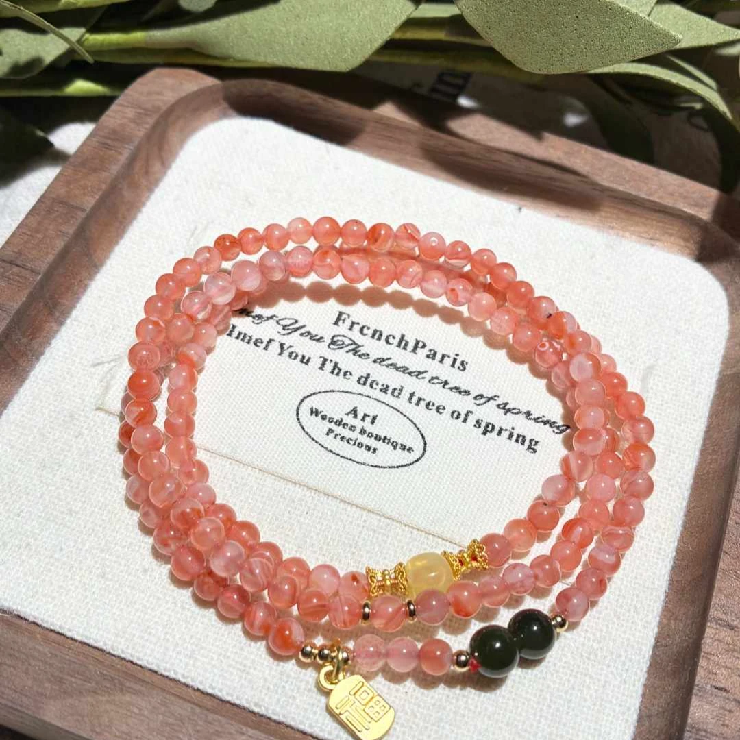 南红顶珠两颗和田玉双圈叠带款吊坠小福牌轻奢气质款一-100427