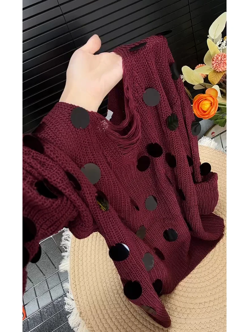 流光风气质百搭日常减龄显白显瘦款酒红色上衣女2025秋亮片针织衫