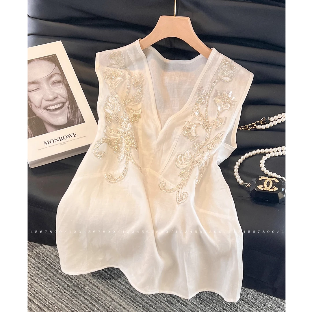 老钱风松弛感夏季V领无袖衬衫上衣女装时尚洋气百搭宽松背心小衫