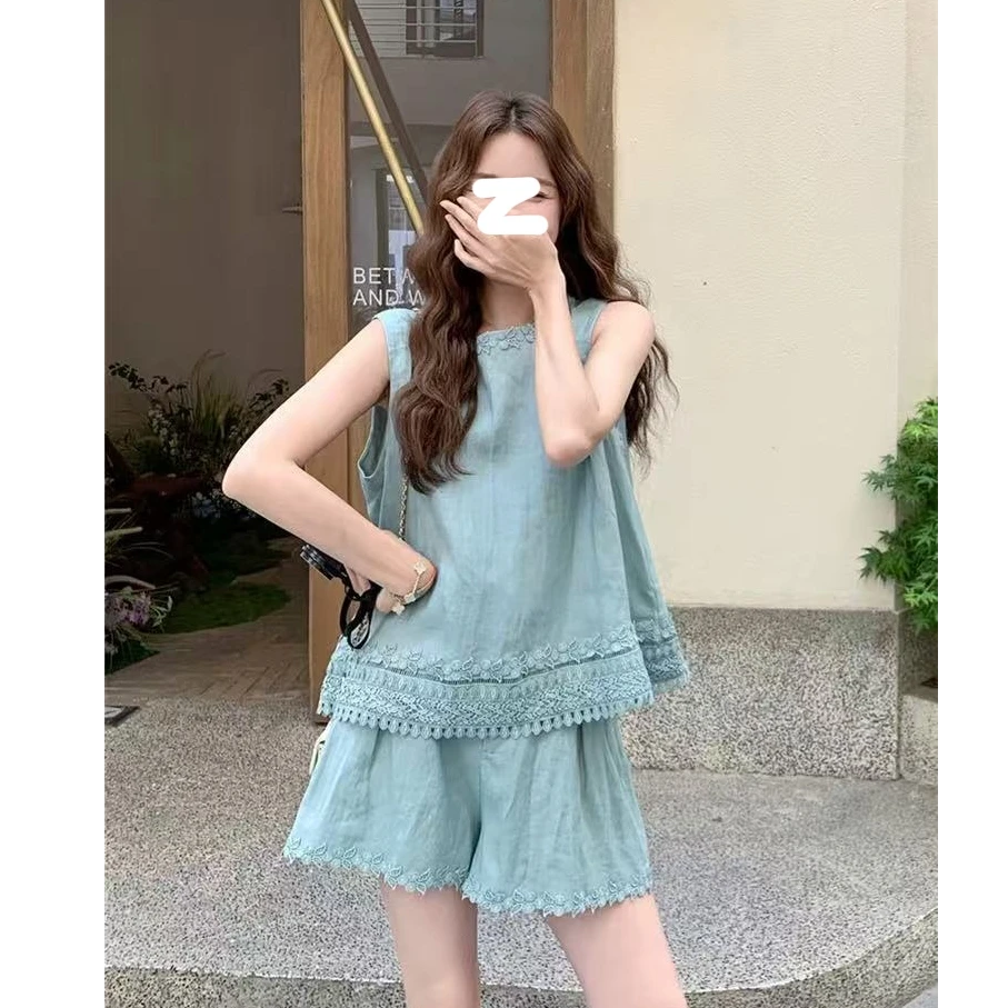 法式甜美花边拼接套装女2025夏季新款显瘦无袖背心百搭短裤两件套