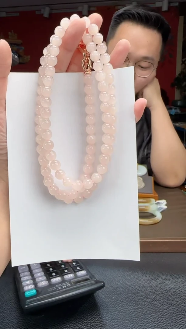 和田玉未镶嵌颈饰藕粉猫108颗多圈卡8