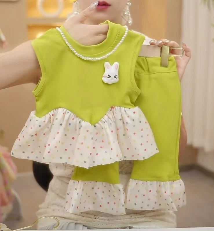 波点小兔儿童装女童夏季洋气百搭女宝宝韩版波点喇叭假两件套装