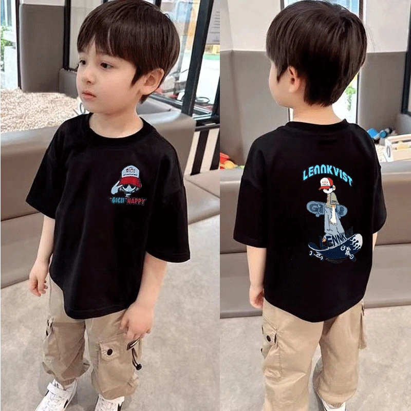 国潮滑板男孩新款搞怪小中大卡通夏季男儿童圆领拼色T恤短袖宽松