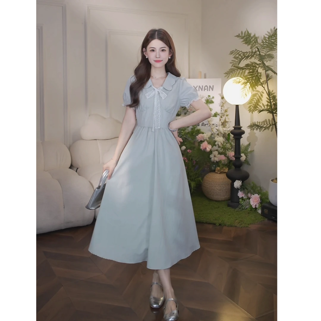 鹿向南【蓝绿逸韵】夏季新款短袖时尚感气质长款女豆绿色连衣裙