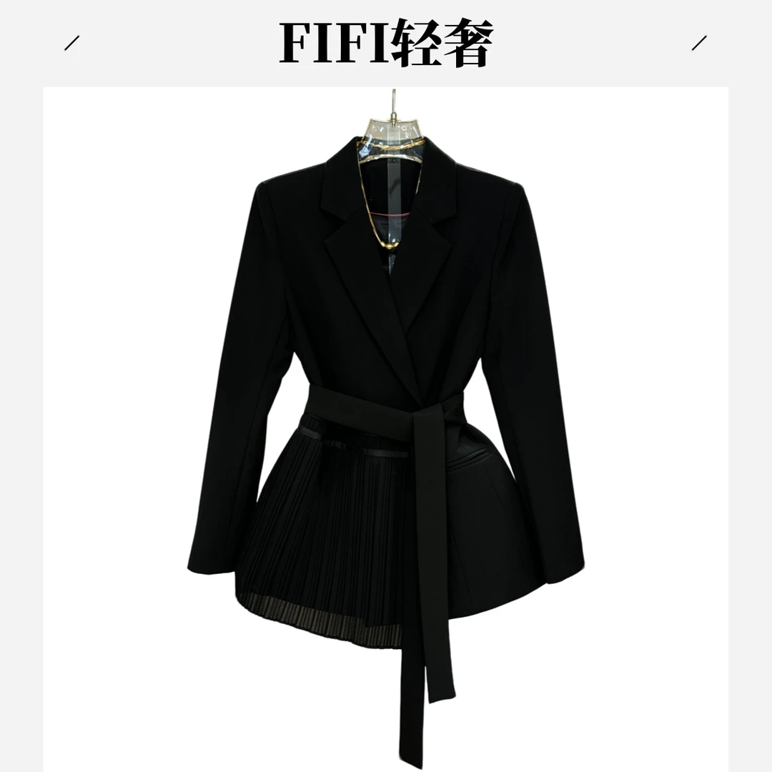 FIFI轻奢2 W268秋装修身气质拼接纱帘中长款西装显瘦收腰外套上衣