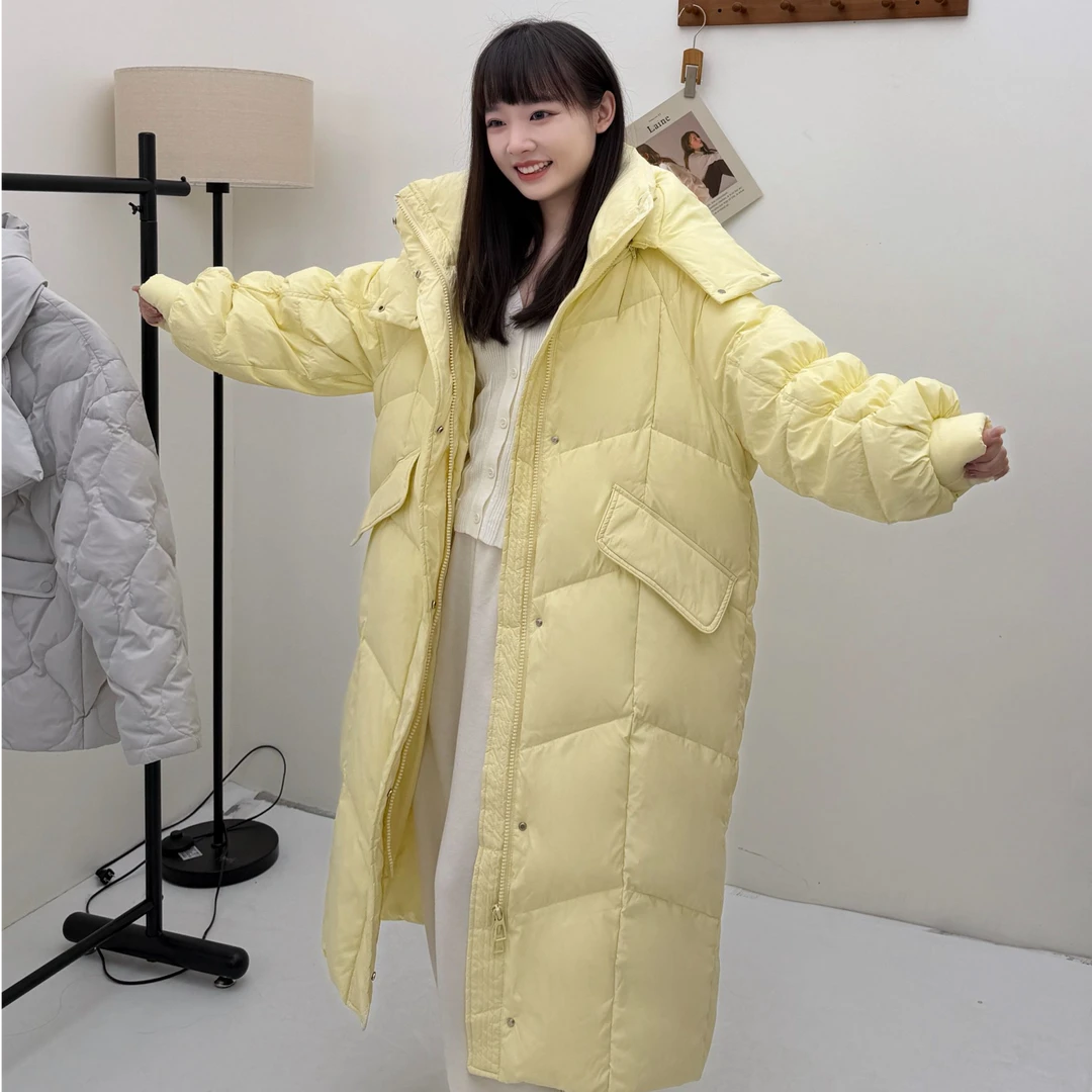 木里咕咕长款黄色羽绒服连帽显瘦