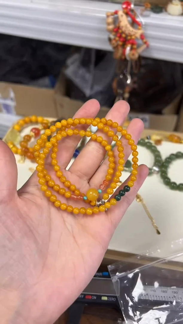 手链蜜蜡银S925镶嵌孤品老蜜蜡翡翠南红多圈手链[2552]