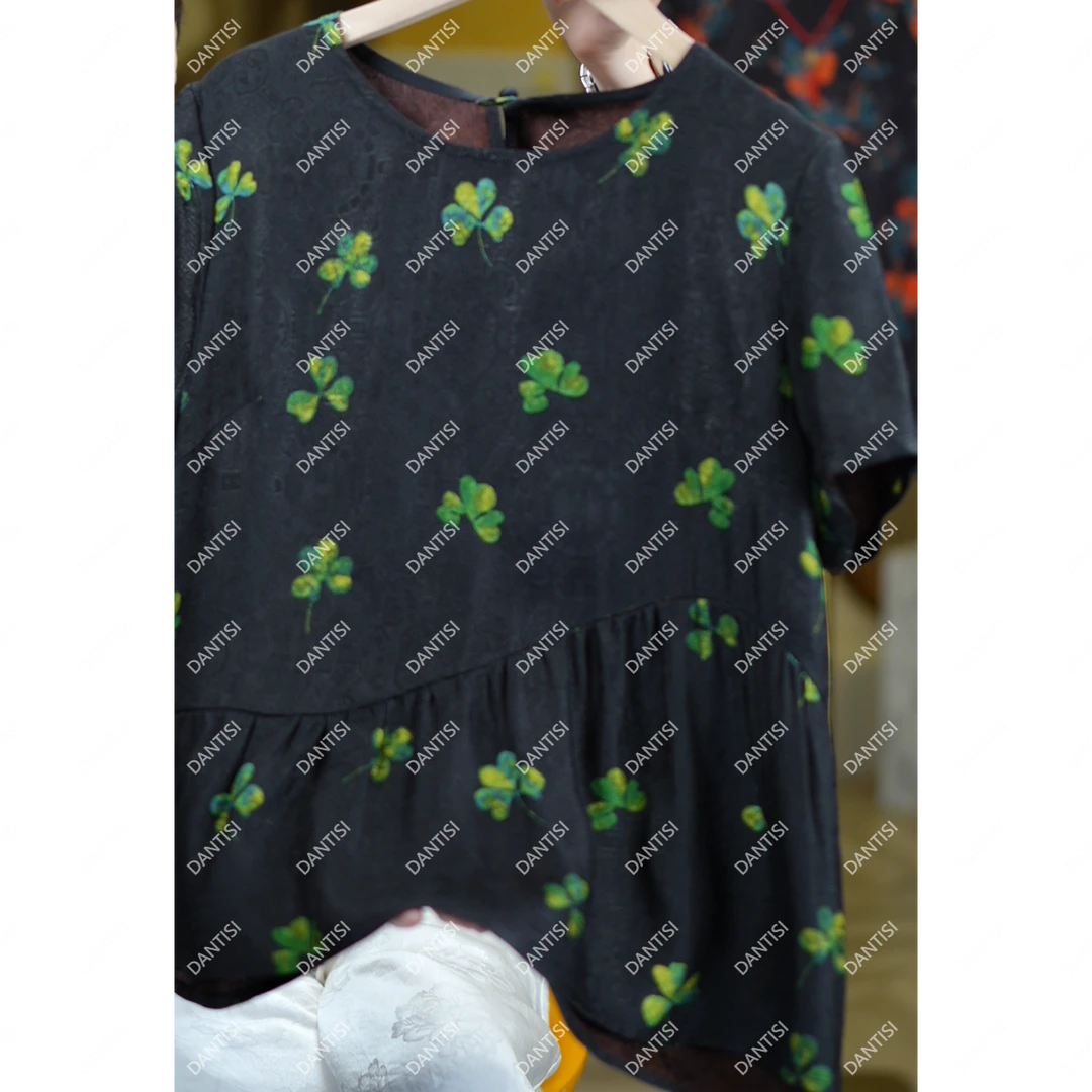 幸运草<<非遗美学>>1350黑色四叶草印花时尚短袖上衣