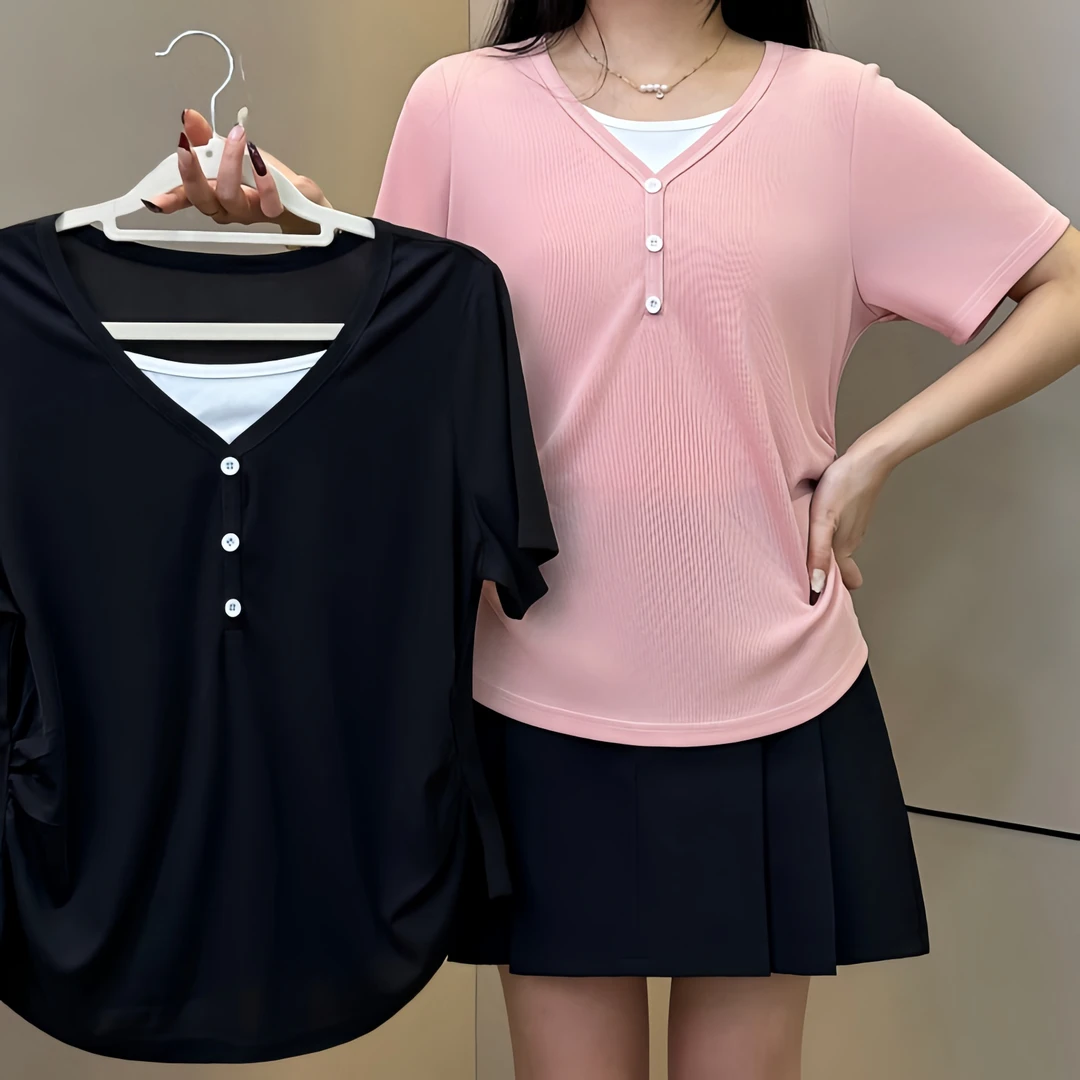 胖MM洛 D25003高级感正肩短袖T恤夏季修身收腰显瘦方领上衣