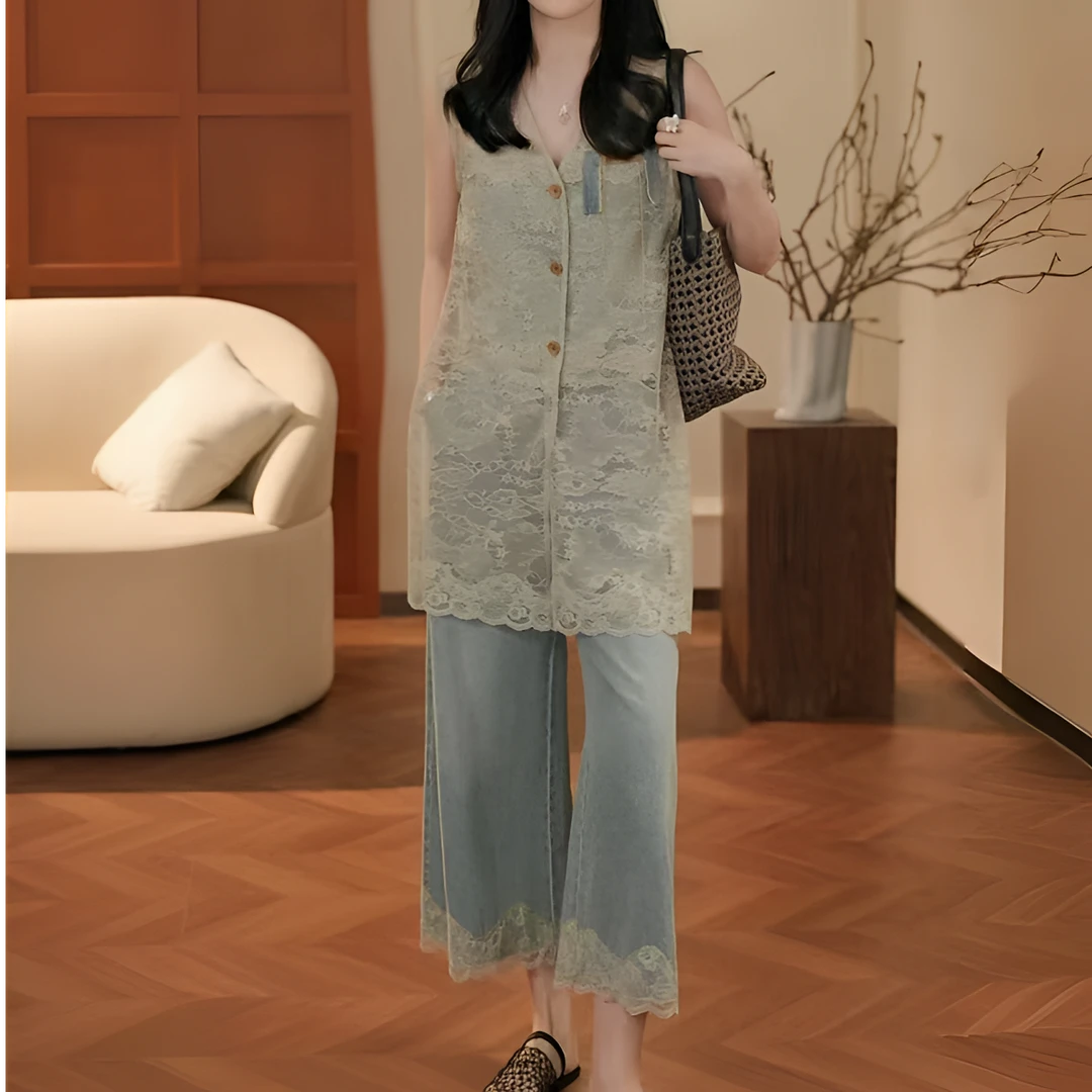 夏季新款轻奢欧若风设计师蕾丝拼接牛仔气质套装女洋气休闲装