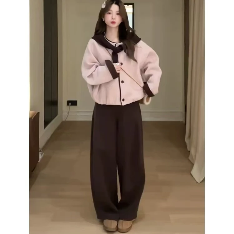 粉色蝴蝶结粉色毛呢短款外套女2025冬季新款单排扣圆领绝美三件套