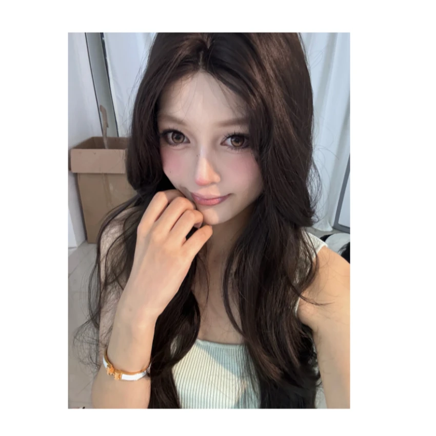 【桃精灵】331系列小黑糖啵啵黑茶仁娜韩卷小额蕾丝doll感全头套式