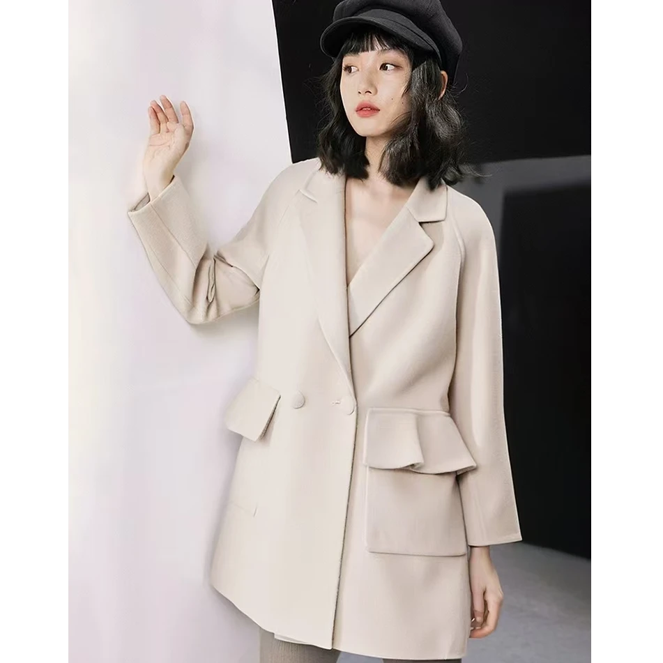 HS89 秋冬时尚洋气减龄荷叶边拼接小个子优雅气质中长款双面呢JT