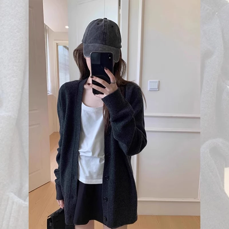 初秋韩系慵懒风灰色针织开衫外套女外穿软糯奶fufu宽松中长款毛衣