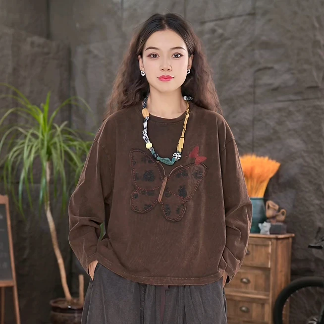 【贴布蝴蝶】圆领长袖T恤女宽松百搭秋装女装简约显瘦打底衫LL