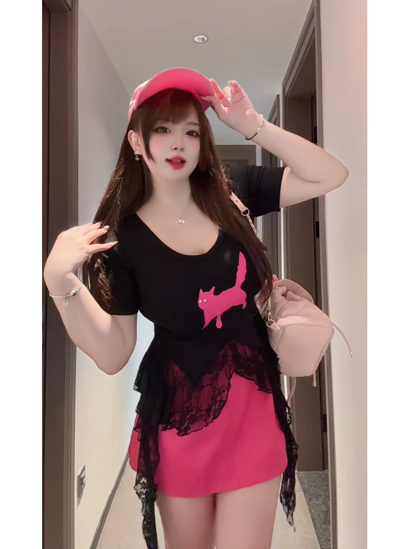 胖MM蕾丝拼接不规则正肩短袖T恤女A字半裙辣妹性感设计感上衣套装
