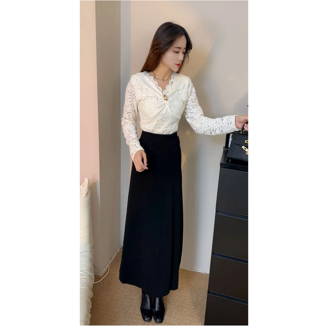 名媛风气质洋气V领蕾丝衫上衣女显瘦毛呢半身裙潮