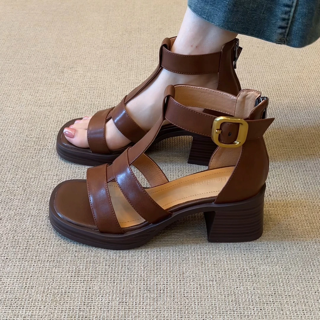 RubyL/6cm夏季新款通勤复古风舒适百搭粗跟纯色脚腕绊带露趾凉鞋