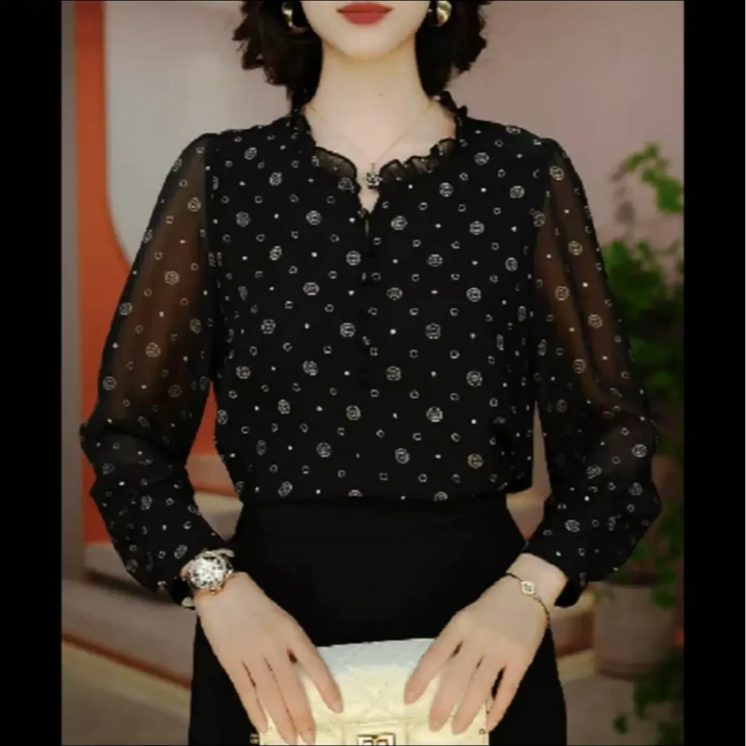 2025高端长袖时尚上衣女显瘦显白百搭印花圆领减龄小衫时尚百搭女