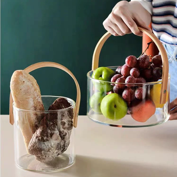 露营手提玻璃盆家用水果盘提篮饮料水果桶高硼硅玻璃桶带提手